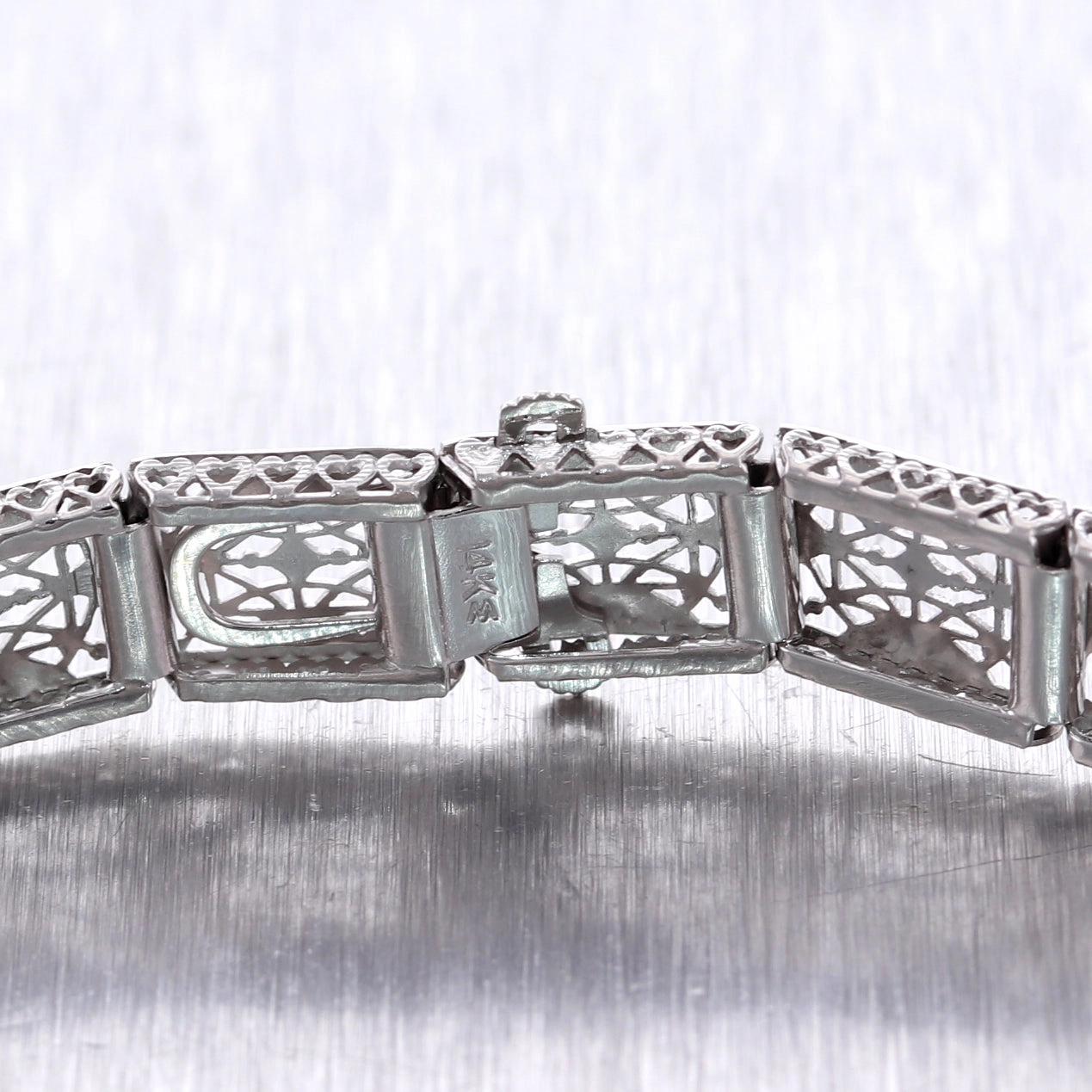 1920's Antique Art Deco 14k White Gold Synthetic Sapphire Filigree Bracelet