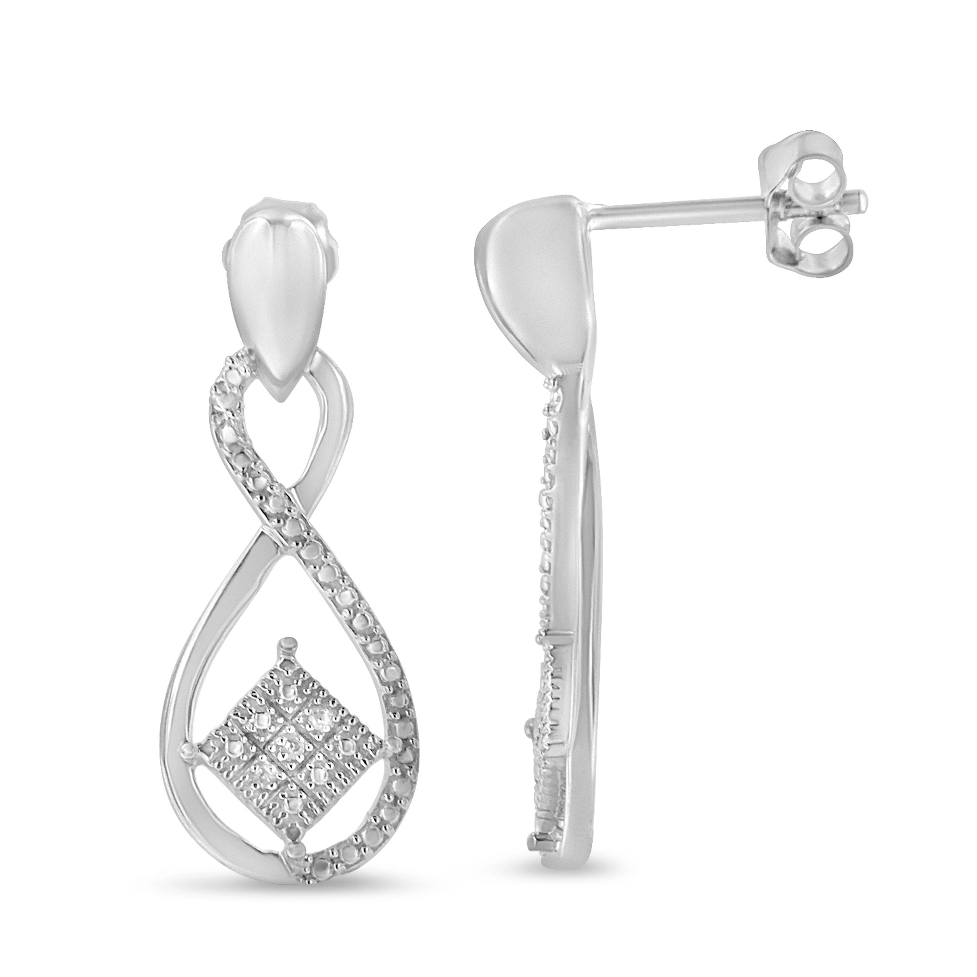 .925 Sterling Silver Round-Cut Diamond Accent Tilted Square and Infinity Drop Earrings