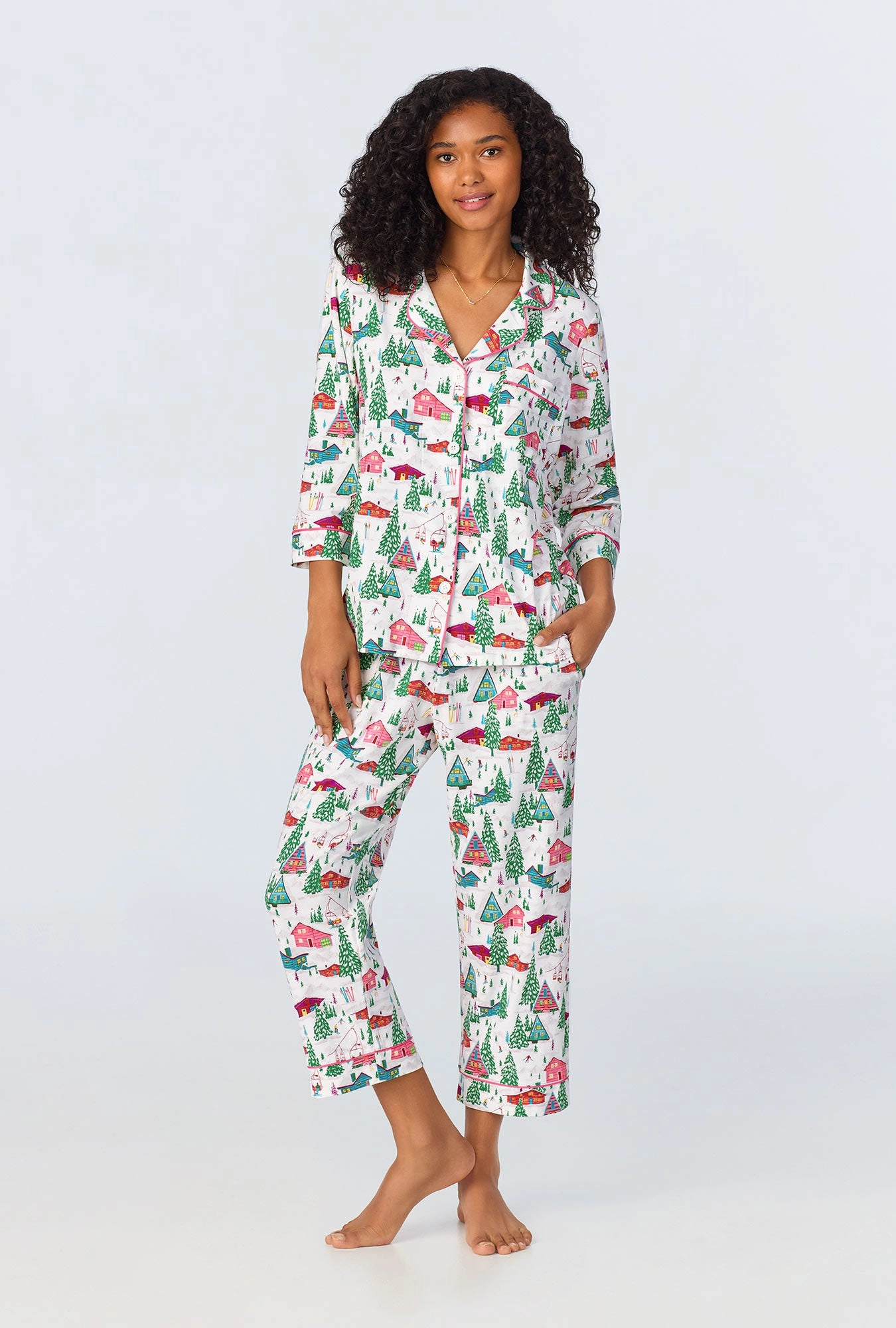 Alpine Cabins 3/4 Sleeve Classic Stretch Jersey Cropped PJ Set