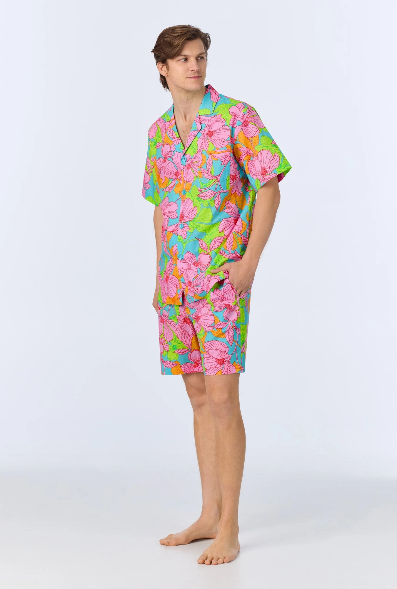 BedHead x Mr. Turk Linear Floral Men's Short Sleeve Notch Woven Cotton Poplin Boxer PJ Set