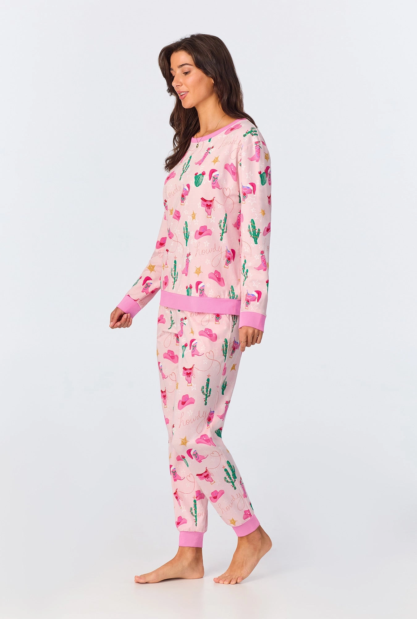 Christmas Cowgirl Long Sleeve Pullover Crew and Jogger Stretch Jersey PJ Set