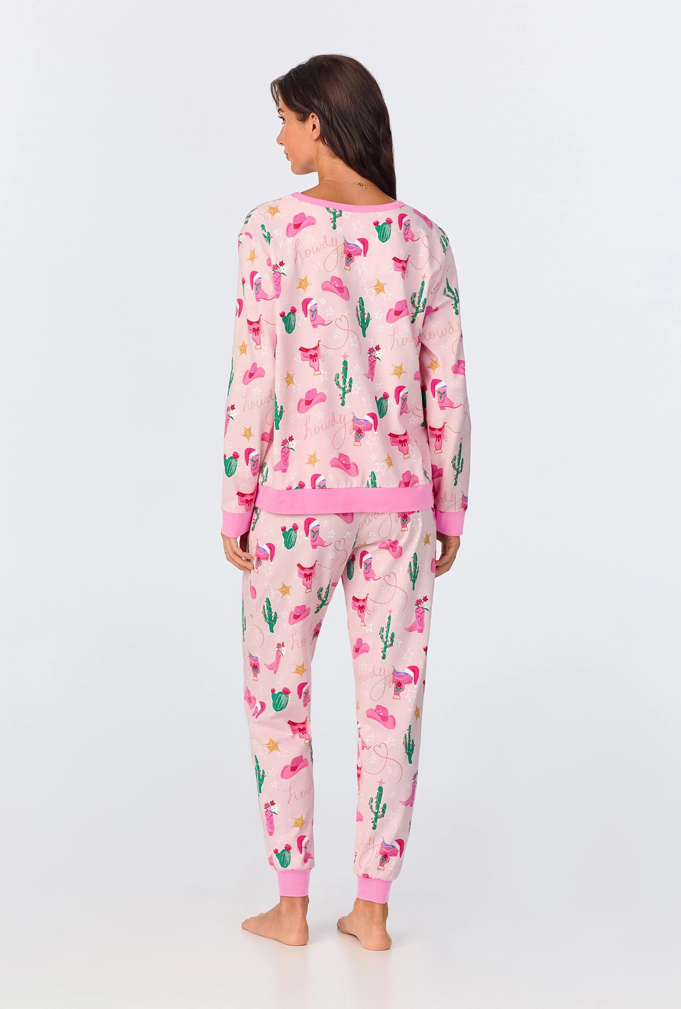 Christmas Cowgirl Long Sleeve Pullover Crew and Jogger Stretch Jersey PJ Set