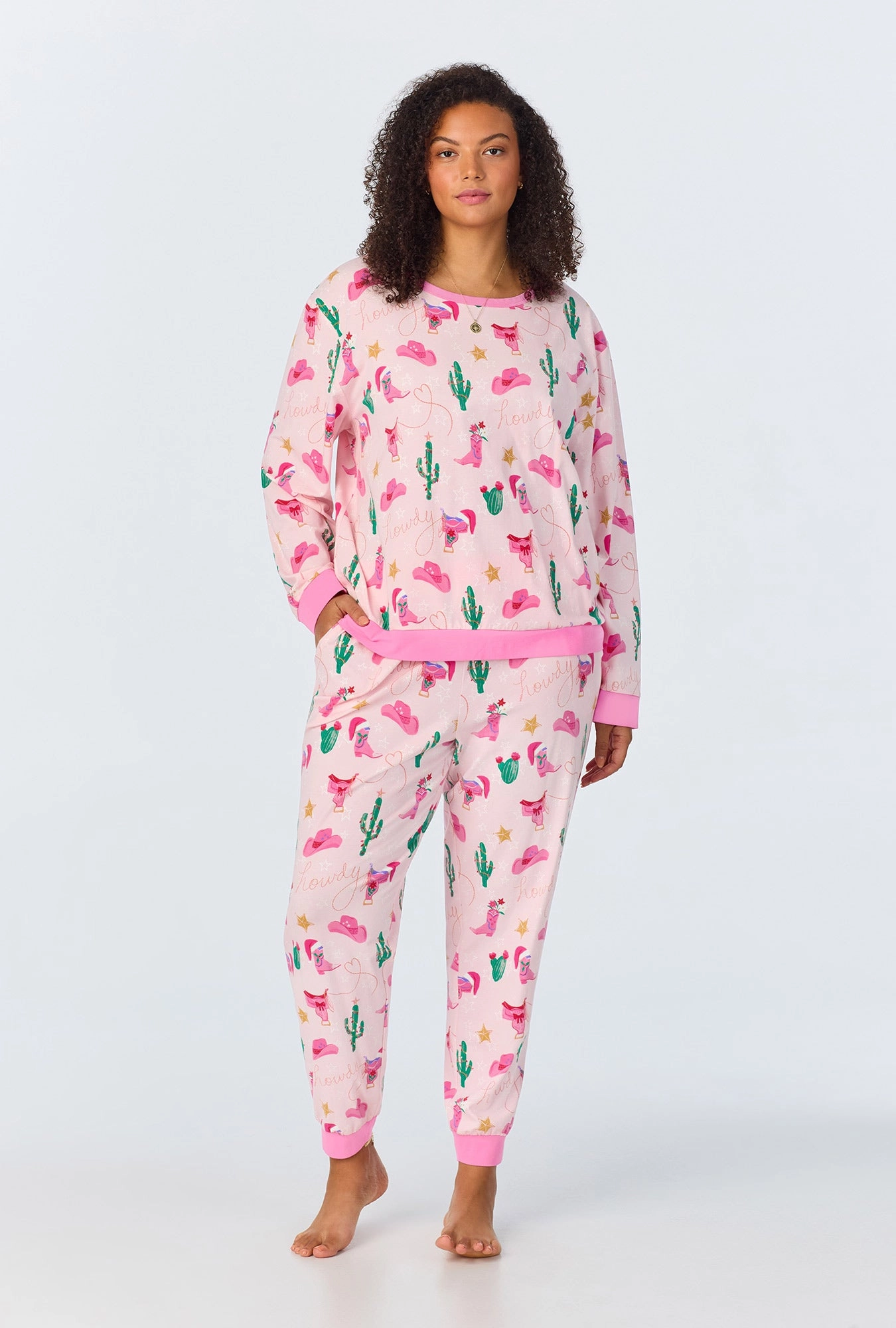 Christmas Cowgirl Long Sleeve Pullover Crew and Jogger Stretch Jersey PJ Set