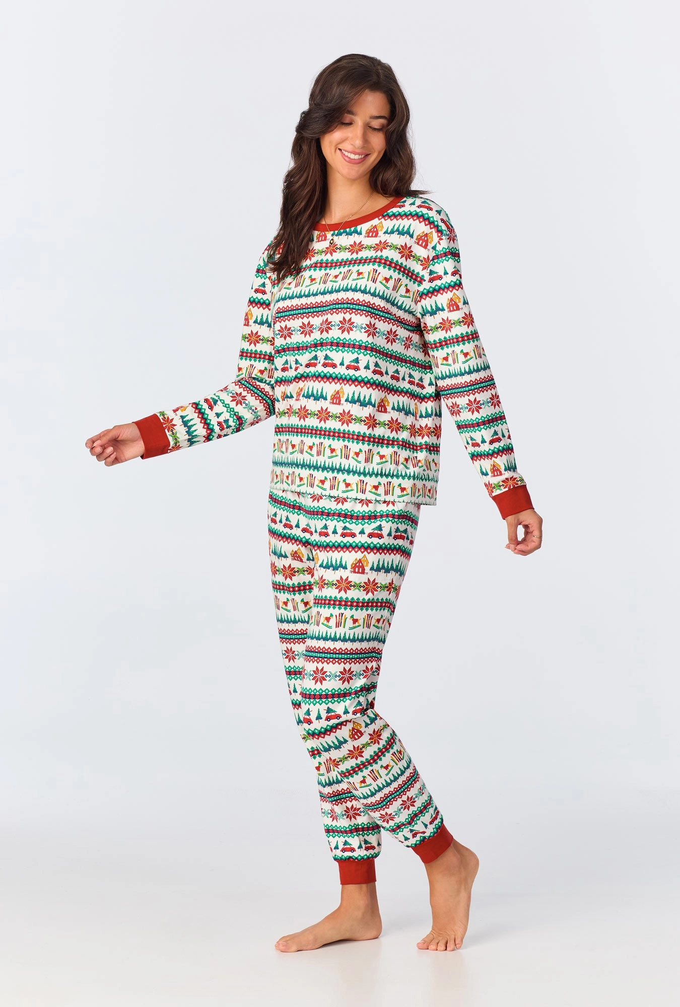 Festive Fairisle Long Sleeve Pullover Crew and Jogger Stretch Jersey PJ Set