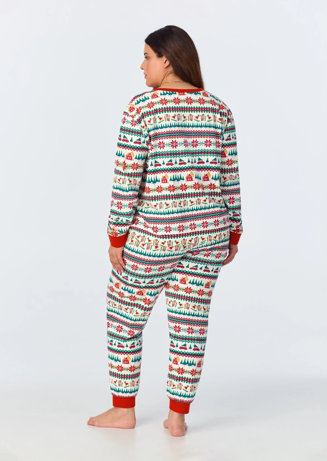 Festive Fairisle Long Sleeve Pullover Crew and Jogger Stretch Jersey PJ Set