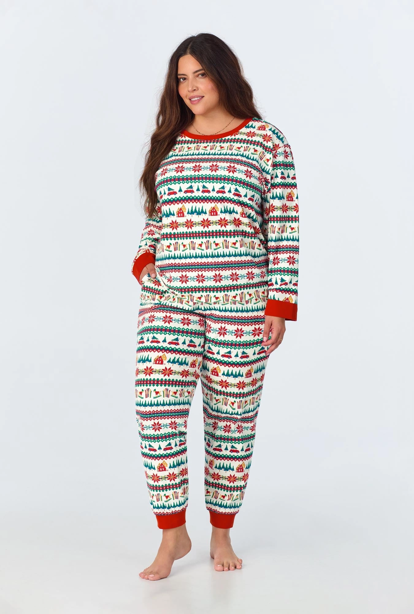 Festive Fairisle Long Sleeve Pullover Crew and Jogger Stretch Jersey PJ Set