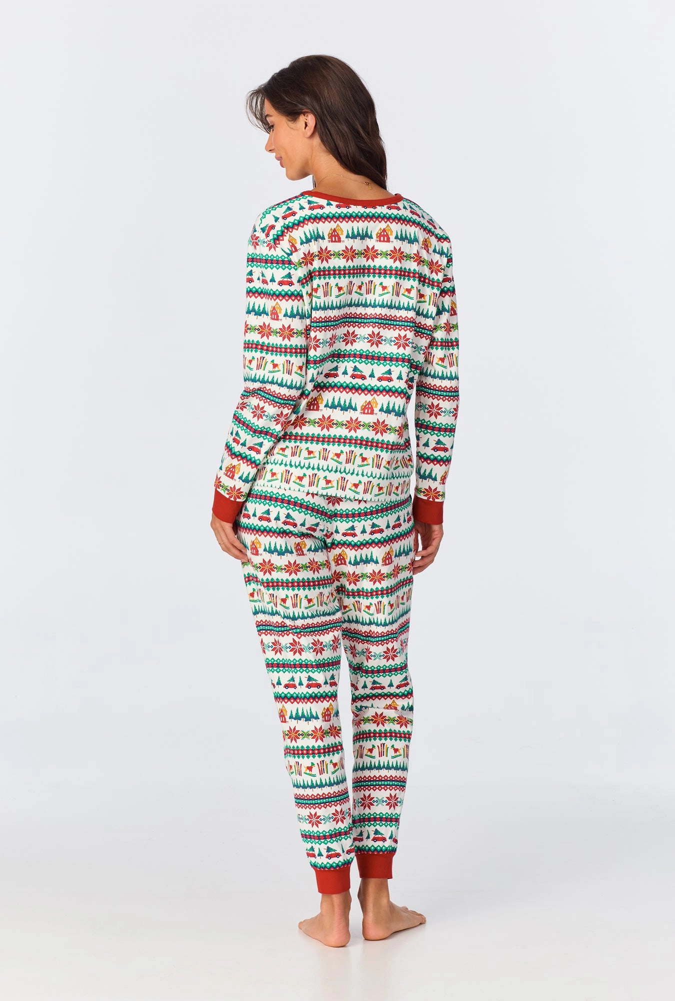 Festive Fairisle Long Sleeve Pullover Crew and Jogger Stretch Jersey PJ Set