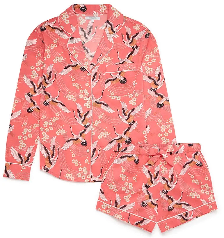 Japanese Crane on Coral Women's Long Sleeve Organic Cotton Pyjama Short Set