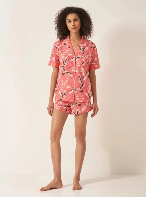 Japanese Crane on Coral Women's Short Sleeve Organic Cotton Pyjama Short Set