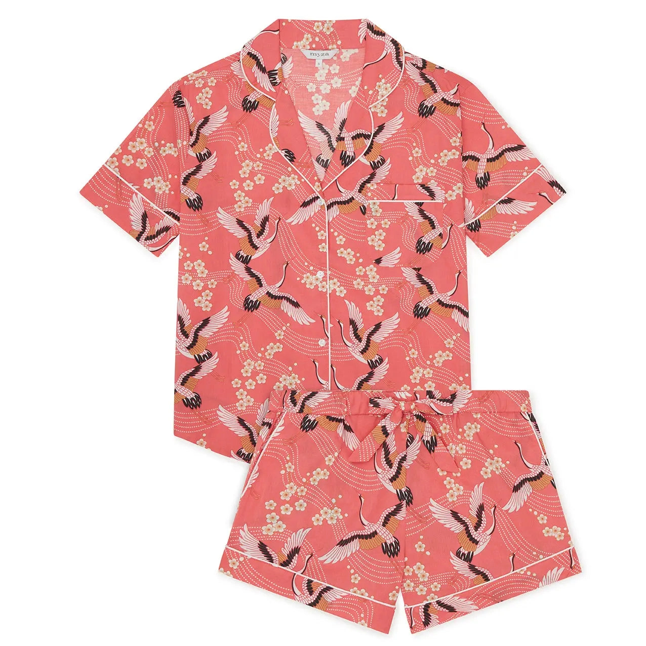 Japanese Crane on Coral Women's Short Sleeve Organic Cotton Pyjama Short Set