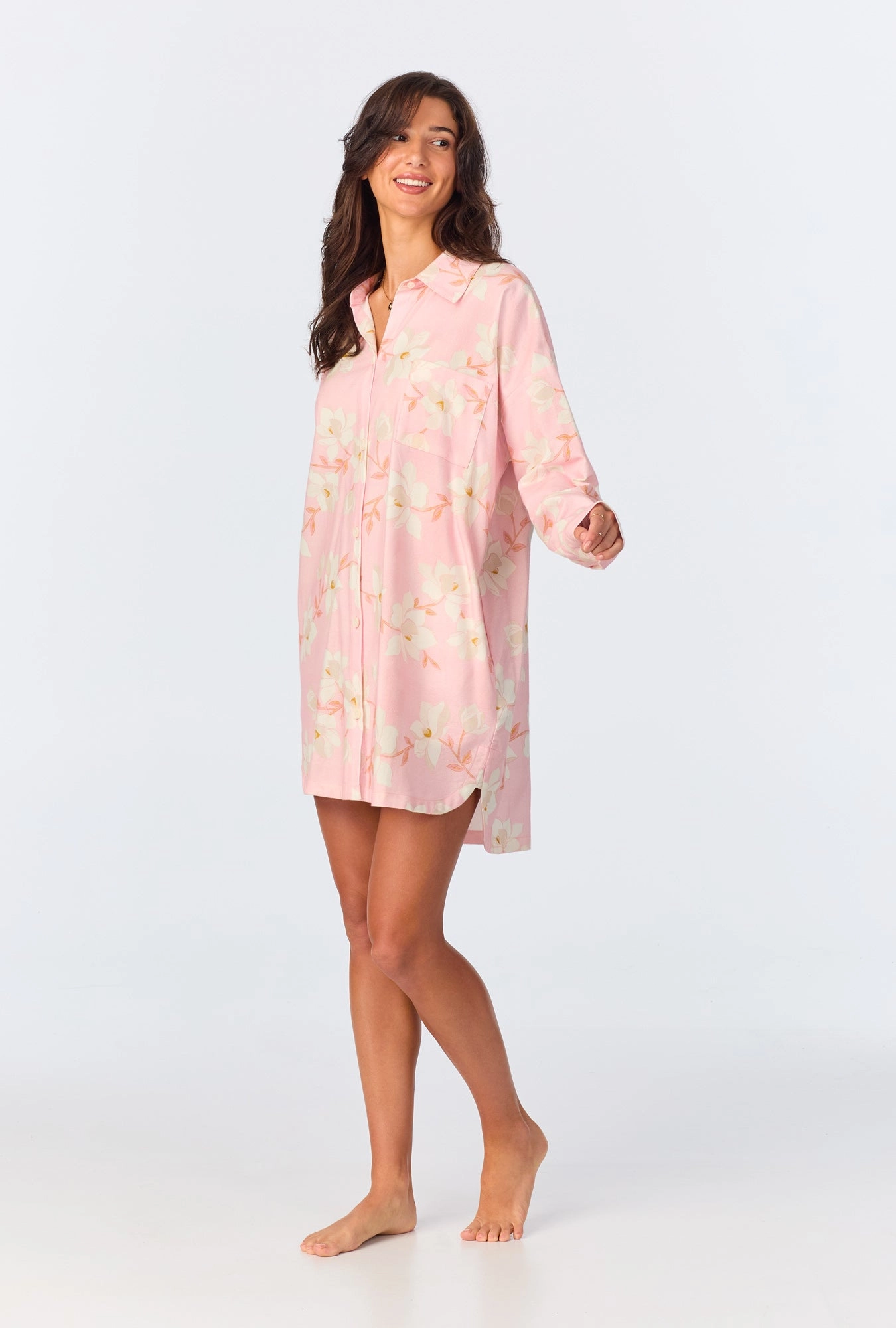 Magnolia Blossom High Low Woven Portuguese Flannel Boyfriend Shirt