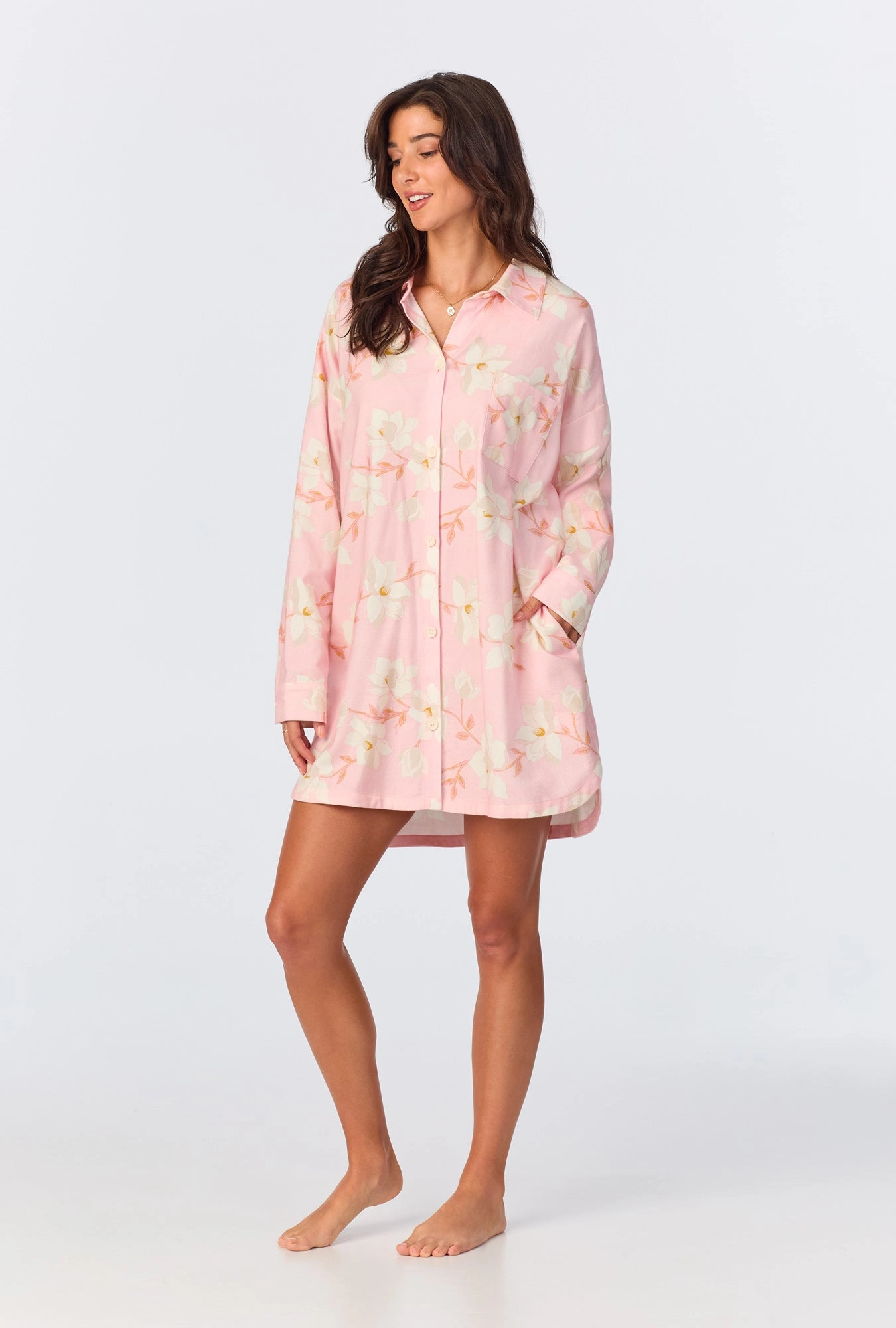 Magnolia Blossom High Low Woven Portuguese Flannel Boyfriend Shirt