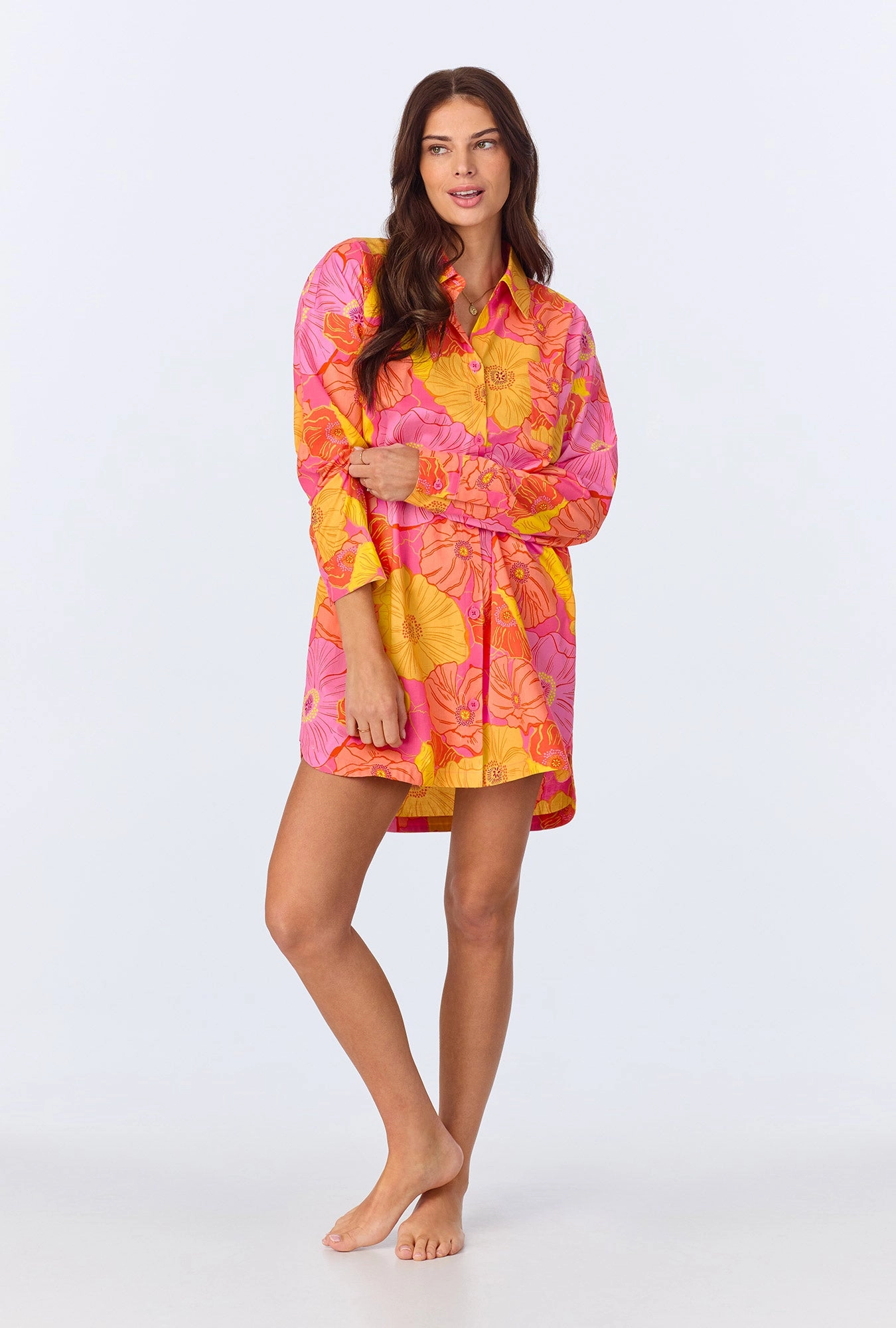 Sunkissed Poppies High Low Woven Cotton Poplin Boyfriend Shirt