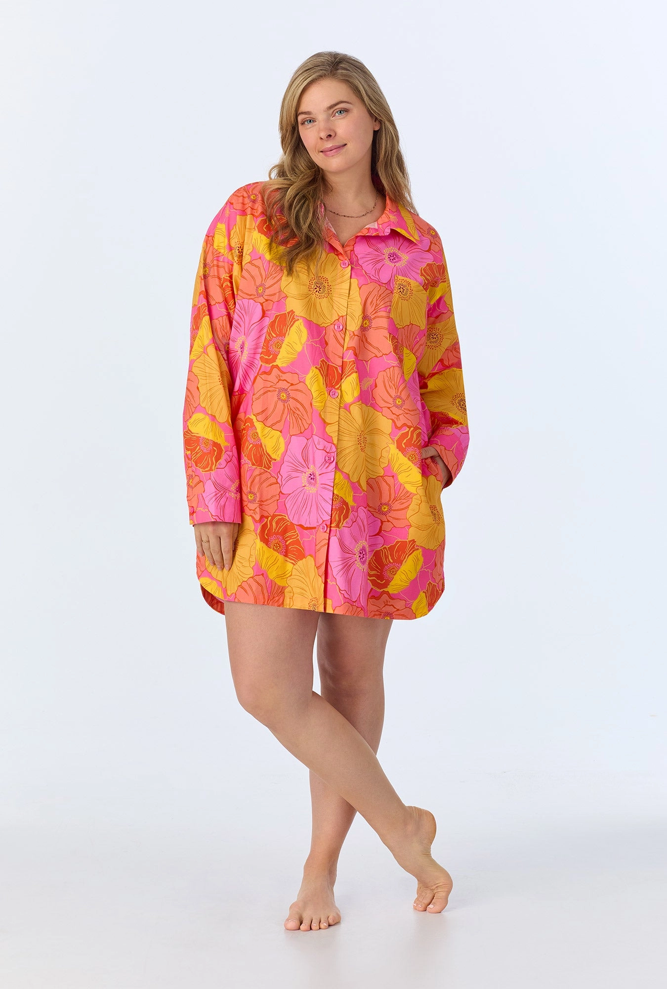 Sunkissed Poppies High Low Woven Cotton Poplin Boyfriend Shirt