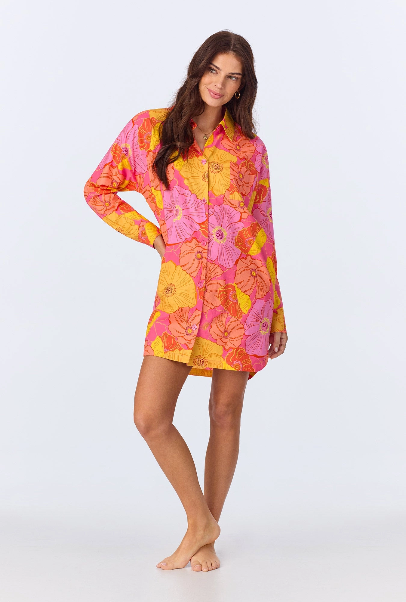 Sunkissed Poppies High Low Woven Cotton Poplin Boyfriend Shirt