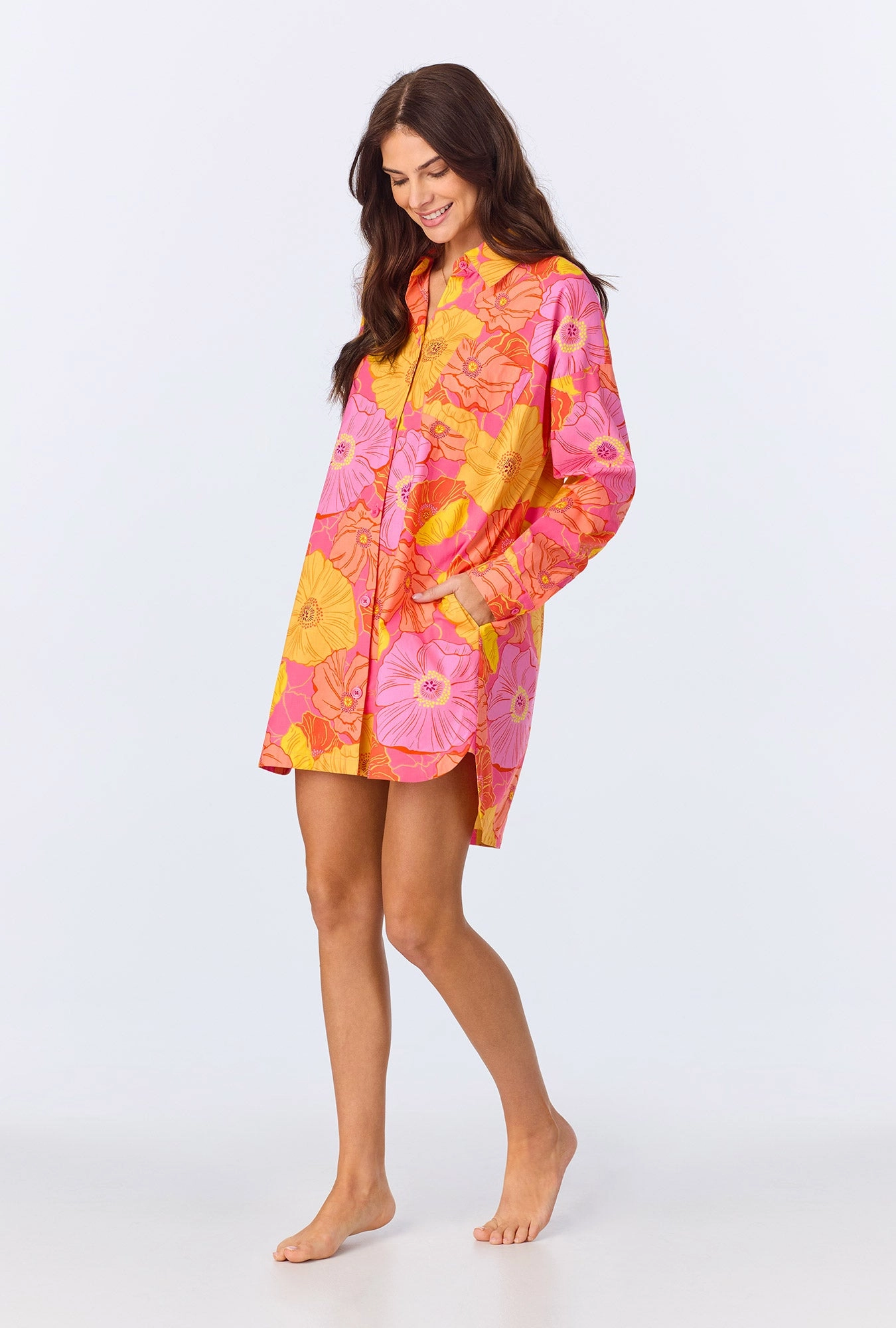 Sunkissed Poppies High Low Woven Cotton Poplin Boyfriend Shirt