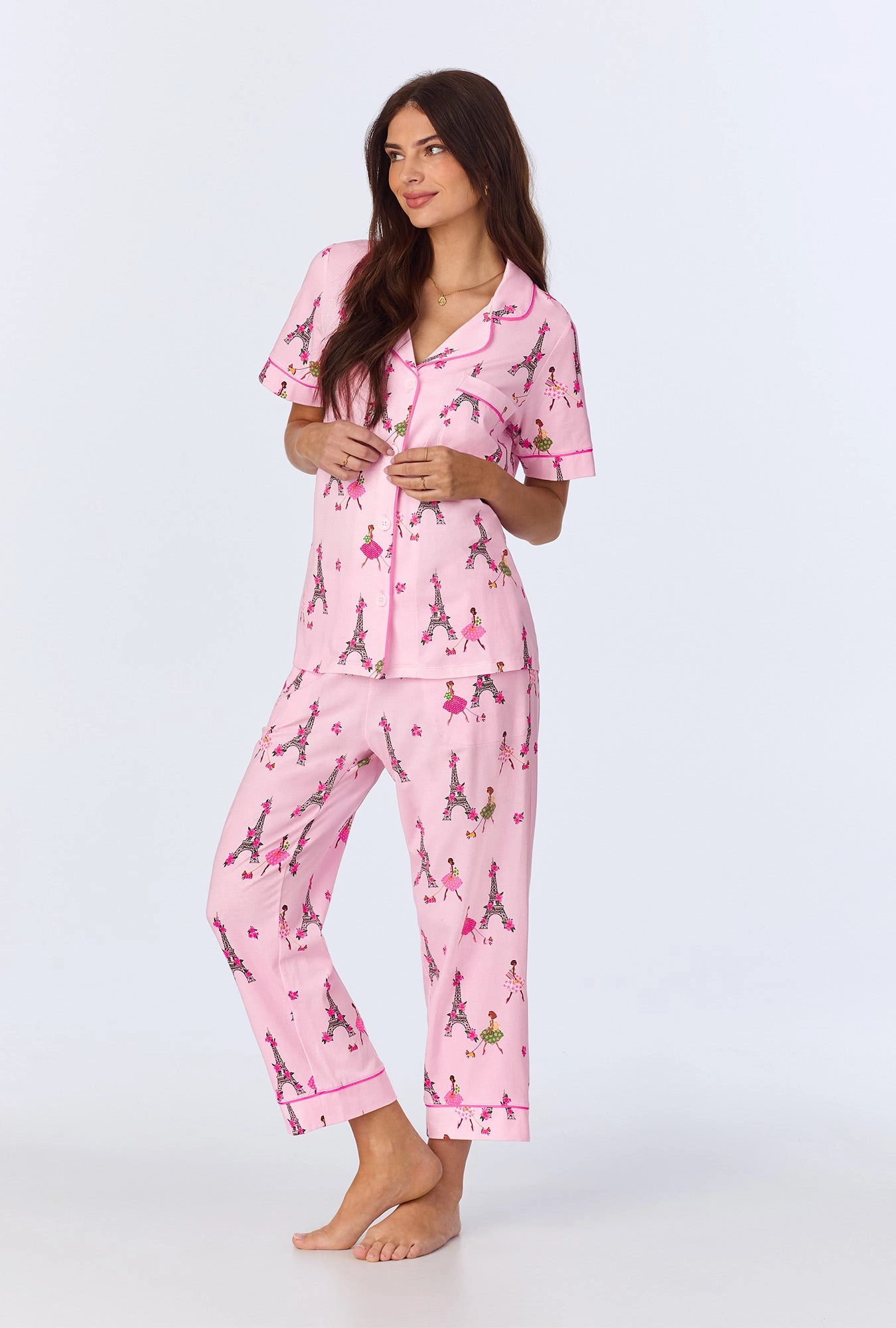 Tres Chic Short Sleeve Classic Stretch Jersey Cropped PJ Set