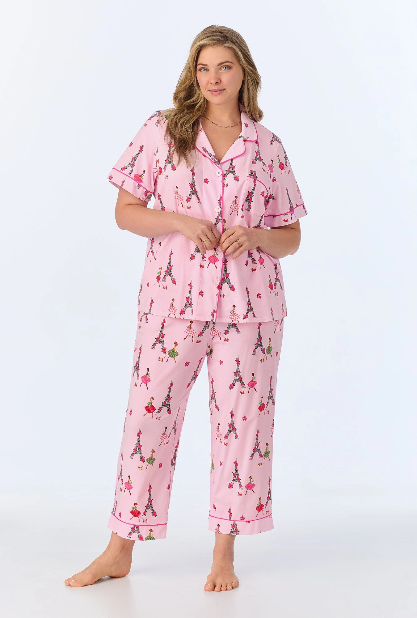 Tres Chic Short Sleeve Classic Stretch Jersey Cropped PJ Set