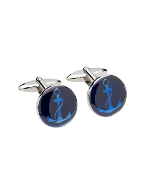Unique & Co. Steel Anchor Cufflinks with Blue Enamel